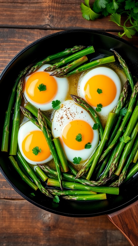 A colorful skillet of asparagus and eggs, garnished with parsley, on a rustic table.